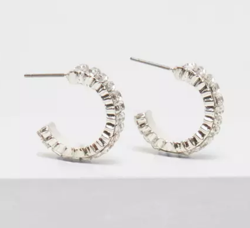 Silver Diamante Baguette Cut Hoop Earrings